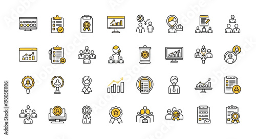 Comprehensive set of business management and financial analytics vector icons, ideal for corporate strategy, professional development, and project success concepts