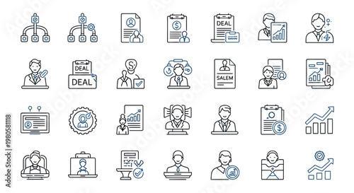 Collection of Business and Management Icons Depicting Various Concepts and Processes