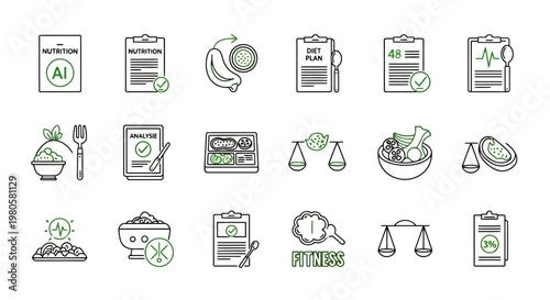 Outline icons depicting nutrition tracking, diet management, health monitoring, and food wellness concepts, ideal for digital applications and promoting a balanced lifestyle