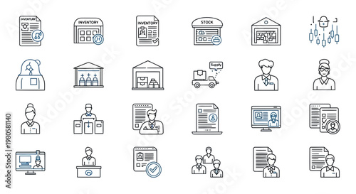 Collection of business icons representing document management, delivery, staff, and warehousing for corporate services