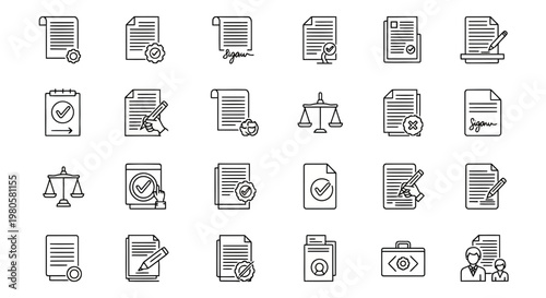 A collection of legal and business document icons, featuring signing, approval, and legal scales, suitable for digital platforms and professional use