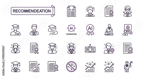 Set of graduation and career success icons representing education, achievement, and professional growth with AI integration