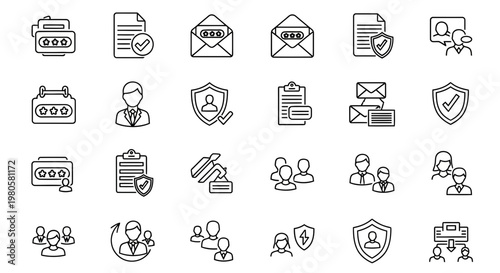 Comprehensive Digital Security Line Icon Set Illustrating Data Protection, User Privacy, Password Management, and Cyber Defense Concepts for Web and Mobile Interfaces