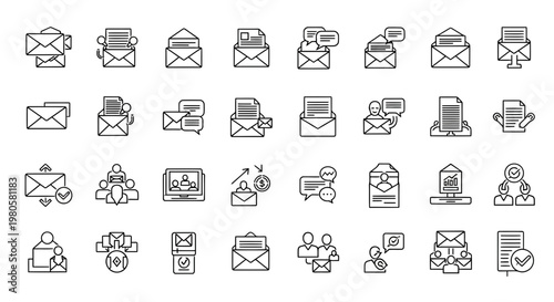 Comprehensive Set of Modern Line Icons for Digital Communication, Email, Messaging, and Business Interaction Concepts, Ideal for Technology and Online Services Applications