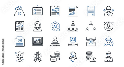Modern vector line icons for business management, data analytics, and artificial intelligence concepts. Ideal for corporate strategy, human resources, and operational efficiency