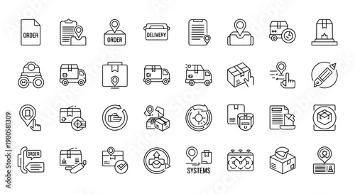 Logistics and delivery icons representing various aspects of shipping and transportation services