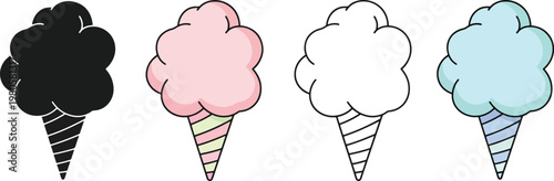 Colorful cotton candy cones in different styles and colors
