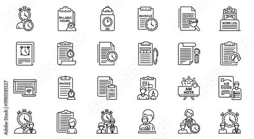 Set of icons representing documentation, contracts, and project management tasks, with emphasis on deadlines and approvals