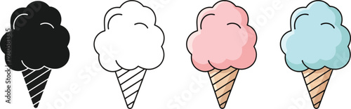 Colorful ice cream cones with different scoops in a row