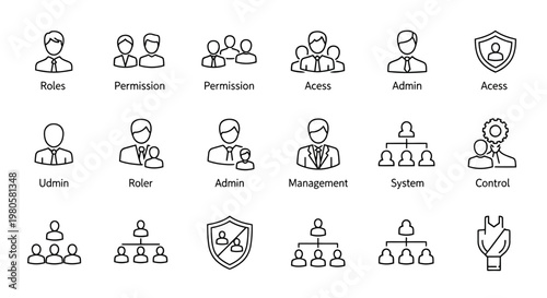 Modern vector line icons for user roles, access control, administration, management, and system hierarchy, ideal for digital security and organizational design