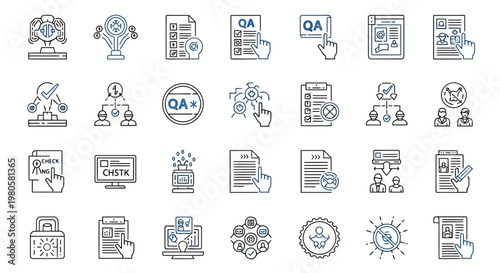 Set of line icons representing quality assurance processes, checklists, and testing procedures in a modern business context