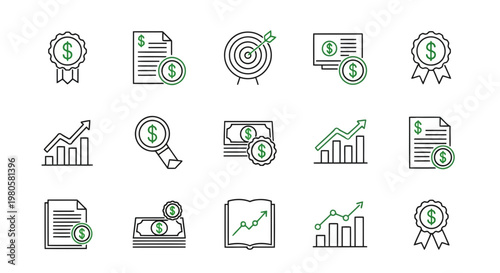Streamlined outline icons for financial success, business growth, investment analysis, money management, profit tracking, and strategic economic goal achievement
