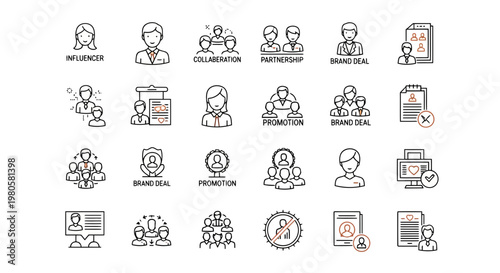Diverse set of linear business and marketing strategy icons depicting professional collaboration, brand partnerships, and career development concepts