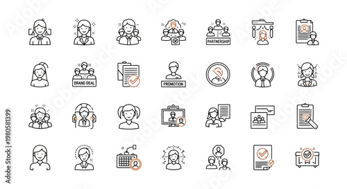 Icon set representing different aspects of professional life, recruitment, and career development