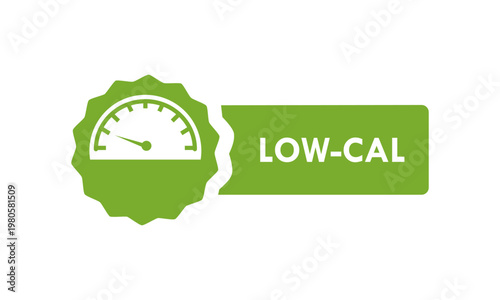Low calorie food label icon featuring a speedometer gauge design, perfect for healthy diet products, weight loss programs, nutrition tracking, and fitness branding.