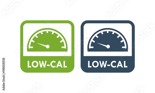 Low calorie food label icon featuring a speedometer gauge design, perfect for healthy diet products, weight loss programs, nutrition tracking, and fitness branding.