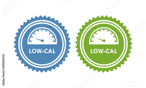 Low calorie food label icon featuring a speedometer gauge design, perfect for healthy diet products, weight loss programs, nutrition tracking, and fitness branding.