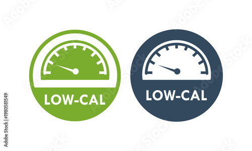 Low calorie food label icon featuring a speedometer gauge design, perfect for healthy diet products, weight loss programs, nutrition tracking, and fitness branding.