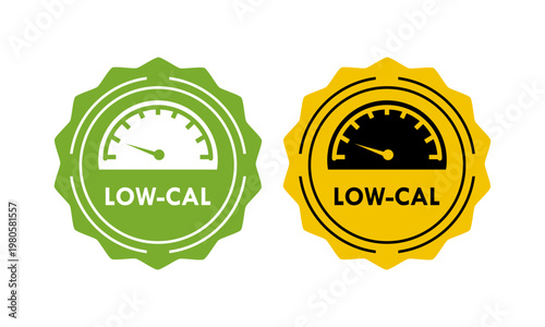 Low calorie food label icon featuring a speedometer gauge design, perfect for healthy diet products, weight loss programs, nutrition tracking, and fitness branding.