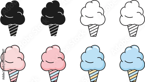 Ice cream cone icons with different colors and styles for dessert or food themes