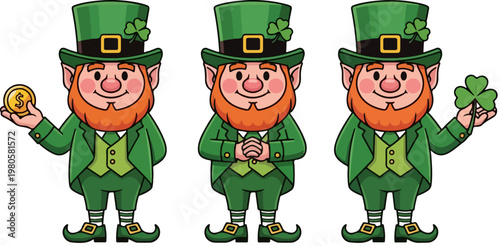 St. Patrick's Day leprechaun characters set, festive Irish folklore gnomes with gold pots and horseshoe, cartoon holiday vector illustrations