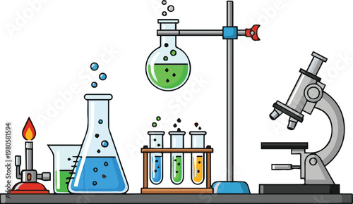 A scientist conducts an experiment with various lab equipment and materials in a laboratory setting.