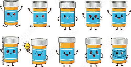 Cute medicine bottle characters set with different emotions and poses vector illustration for pharmacy, healthcare, medical mascot and kids design