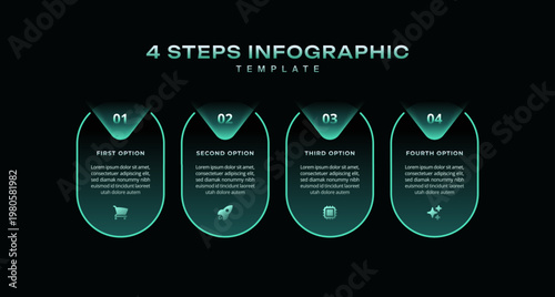 Dark neon infographic 4 step options diagram with rounded buttons, green minimal style, modern vector for business selection, website menu, UI design, presentation layout