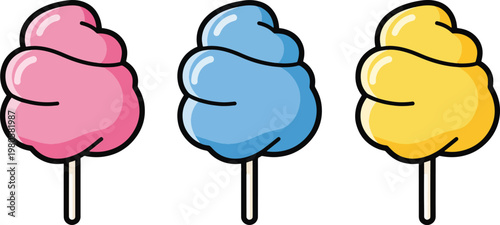 Colorful cotton candy sticks in pink blue and yellow for carnival or fair