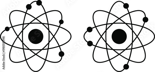 Minimalist Black and White Vector Illustration of Two Atomic Structures with Electrons Orbiting a Central NucleusMinimalist Black and White Vector Illustration of Two Atomic Structures with Electrons 