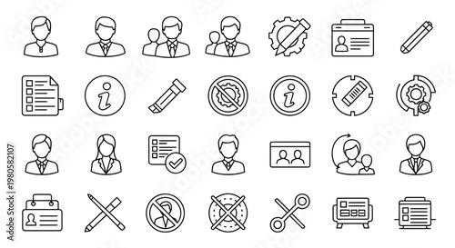 Set of personal data and user management icons including ID, profile, contact, and security symbols on a white background