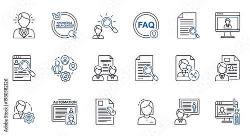 Dynamic Collection of Business and HR Management Line Icons for Customer Support, Online Assistance, Recruitment, and Digital Workflow Solutions