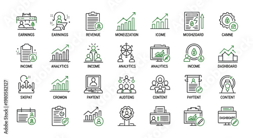 Set of Business Growth and Financial Metrics Icons Illustrating Success, Analytics, and Performance Indicators