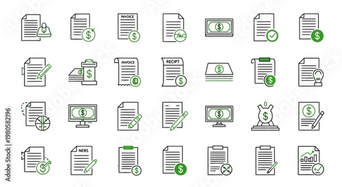 A collection of finance and document icons representing billing, accounting, and financial management for business and personal use