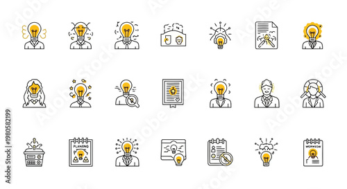 Creative Idea and Innovation Line Icons Set for Business Strategy and Problem Solving. Brainstorming, Solution, and Human Mind Concepts in Modern Vector Design