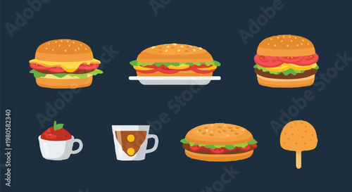 Illustration of various fast food items on a dark background