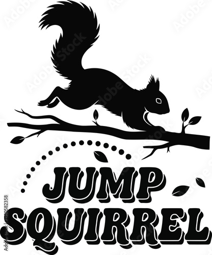 Black Squirrel Jumping from Branch with Text Leaves