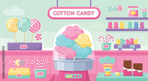 Colorful cotton candy stand with sweets and toys