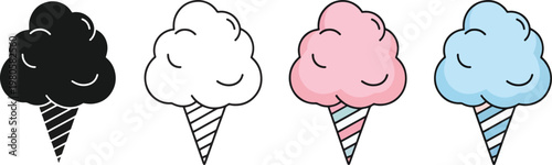 Colorful cotton candy cones in different styles and colors