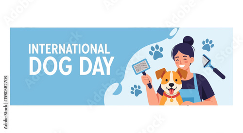 International Dog Day professional groomer with happy puppy.