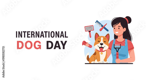 Professional dog groomer taking care of a happy corgi for International Dog Day.