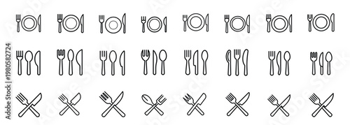 Restaurant and cutlery web line icons set featuring plate with fork and knife dinner set spoon trio crossed tools kitchen tableware and more Vector Illustration with editable stroke