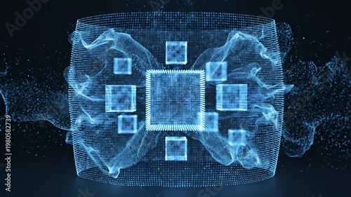 Futuristic Digital Microchip with Blue Particle Data Waves