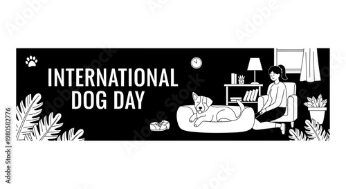 A young woman sitting on a chair with her cute dog resting in a bed.