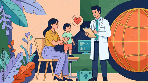 Global Pediatric Healthcare Illustration: Mother and Son Visiting Doctor for Medical Checkup