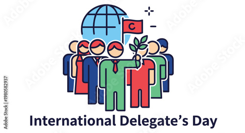 Illustration depicting a diverse group of people with a globe and flag