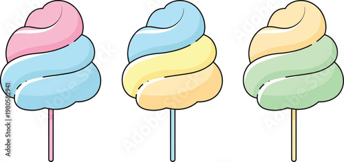 Colorful cotton candy on sticks in pastel shades