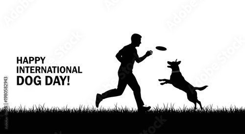 Silhouette of a man playing with his dog outdoors.