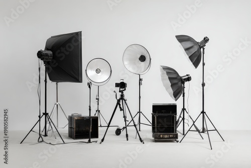 Photography studio equipment arrangement featuring softboxes and reflectors