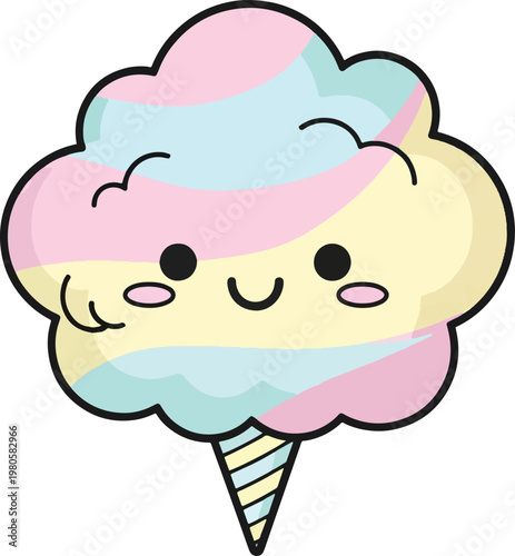 Cute pastel-colored cotton candy with smiling face and cherry topping